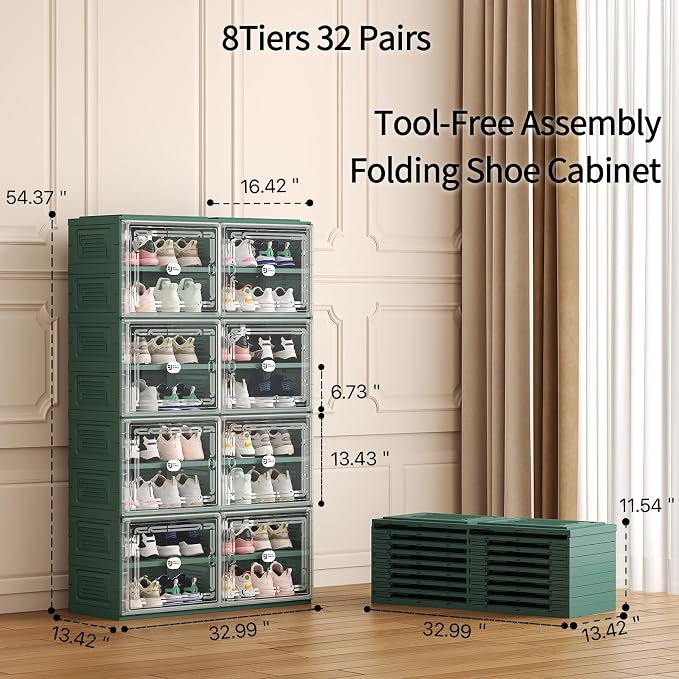 Foldable Shoe Cabinet with Magnetic Clear Doors, Wide Design Shoe Rack for Entryway, Portable Shoe Organizer Meeting Diverse Storage Needs (Green, 2Row 8Tier)