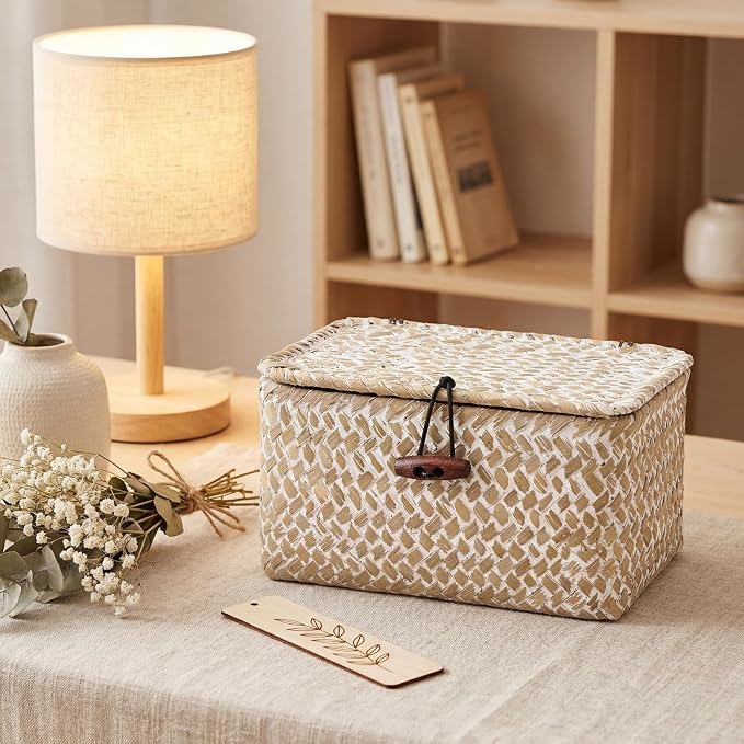 Hipiwe Wicker Shelf Basket Box Mini Seagrass Baskets with Lid,6.1"x4"x3.3" | Tabletop Basket Organizer for Shelf Bathroom Home Decor, Key Basket Holder Box for Entryway, Whitewash