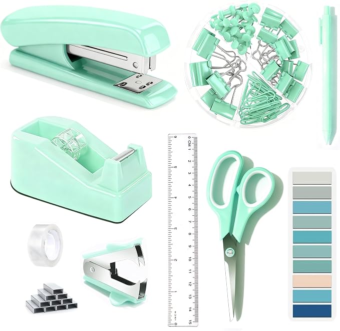 Dimonluce Green Office Supplies, Teal Desk Accessories Accessories with Tape Dispenser, Stapler, Staple Remover, 1000 Staples, Tape, Clips Set, Ruler, Scissor, Pen