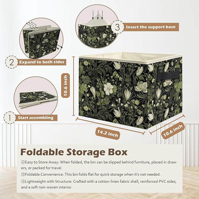 Vintage Floral Botanical Storage Box Bins, Art Nouveau Plant Flower Aesthetic Collapsible Storage Basket Organizer for Bedroom Laundry Room Home Clothes Books, Decor for Room