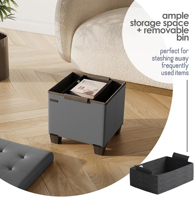 Storage Ottoman Cube with Small Bin, 15-in Square Ottoman with Storage for Living Room and Bedroom, Small Ottomans Foot Rest, Faux Leather Foot Stools Ottomans Max 330lbs, Grey