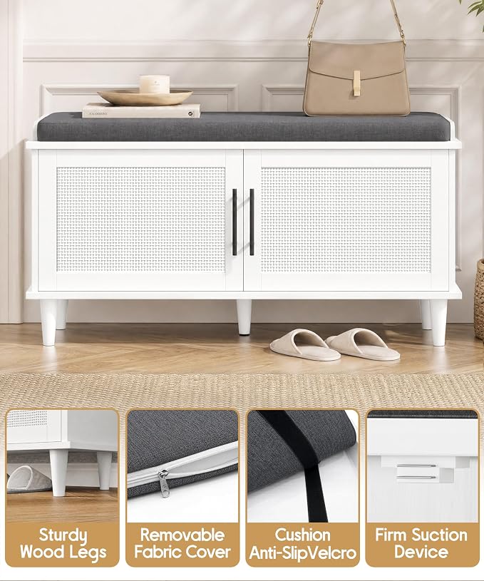 Akxomel 39.4" Rattan Shoe Storage Bench 2 Doors Wooden Entryway Bench White | 2 Tier Shoe Bench with Padded Cushion, Adjustable Shelves and 2 Doors, Solid Wood Legs, for Hallway, Living Room, Bedroom
