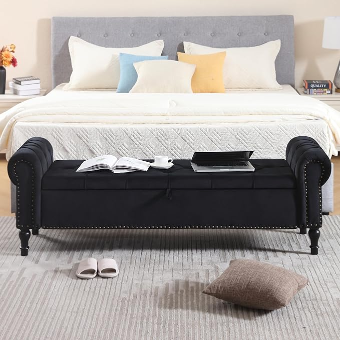 Storage Bed Bench for Bedroom, 67 Inches End of Bed Bench, Velvet King Size Bench with Arms, Tufted Button Storage Ottoman Benches, Upholstered Bench for Bedroom, Living Room, Entryway, Black