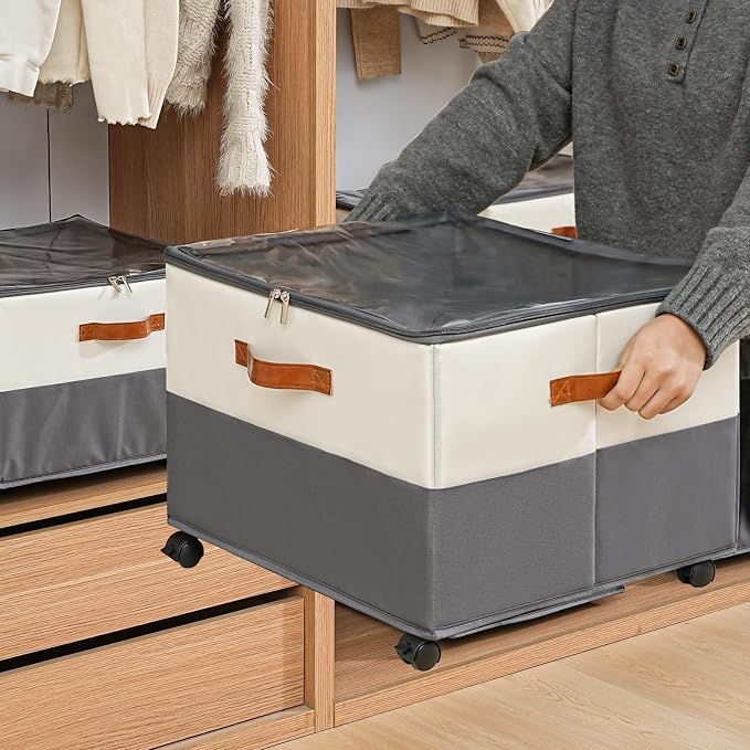 INSTY 2 Pack Shoe Organizer for Closet,Shoe Storage Organizer with Wheels, Fits up to 32 Pairs,Adjustable Dividers,Fabric Shoe Storage Bins with Clear Cover,Beige and Grey