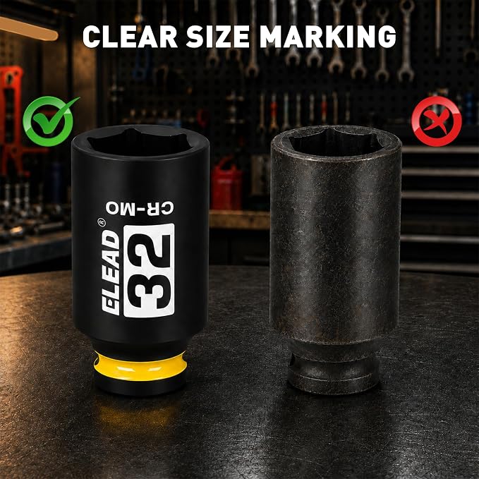 32 mm Socket 1/2" Drive Deep Impact Socket, Metric 6 Point 1/2-inch Drive Impact Axle Nut Sockets, CR-MO Nut Socket Set, Tools for Easy Removal of Axle Shaft Nuts