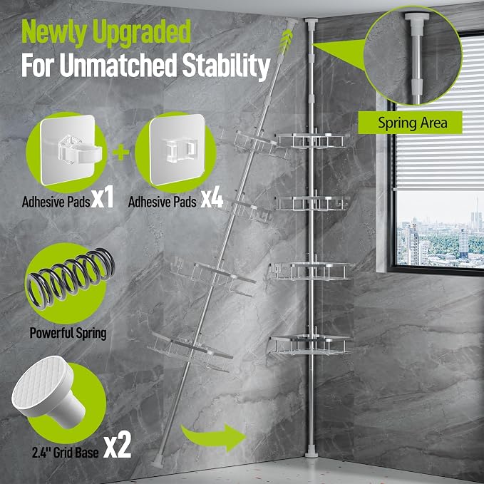 LAMU Stainless Steel Corner Shower Caddy Tension Pole,4-Tier Storage,Silver | Fits 37.8-124 in Heights, No Drilling, Strong Spring, 3 Adhesive Pads, 4 Hooks for Corner Shower Shelves, Bathroom & Bathtub