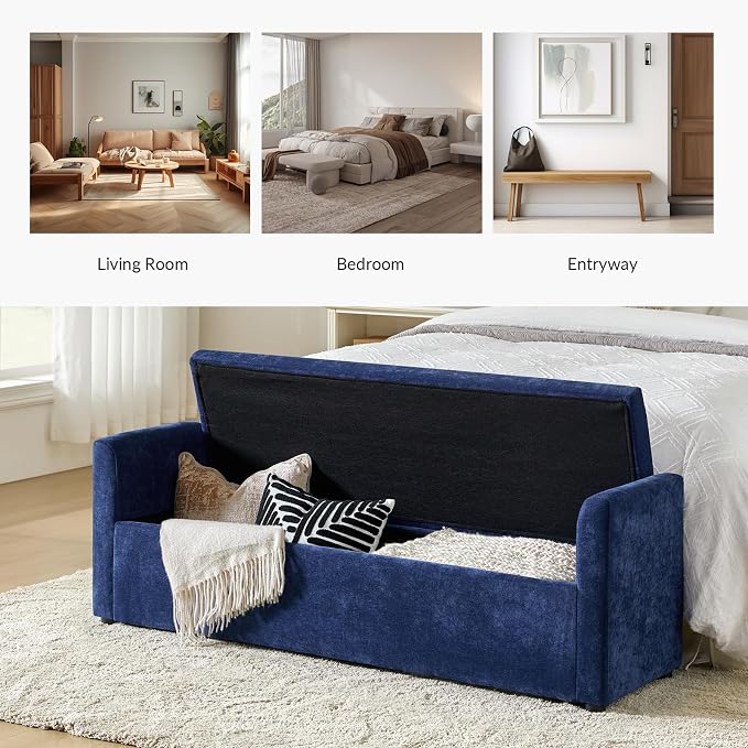 HULALA HOME 59" Storage Bench with 2 Throw Pillows & Armrests, Navy | Modern Long Bedroom Bench for End of Bed, Comfy Upholstered Fabric Footstool for Entryway Living Room