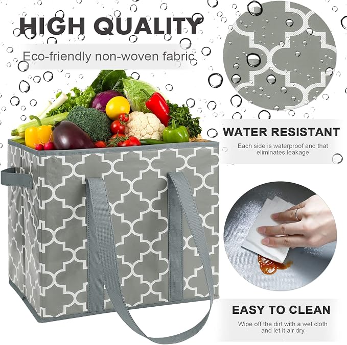 WISELIFE Reusable Grocery Bags 6-Pack Foldable Washable Storage Bins Basket Water Resistant Shopping Utility Tote Bag Grey