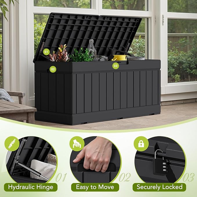 Devoko 78 Gallon Deck Box, Waterproof Resin Outdoor Storage Box | Outdoor Storage Bench Lockable for Outside and Patio Furniture, Garden Tools and Pool Supplies