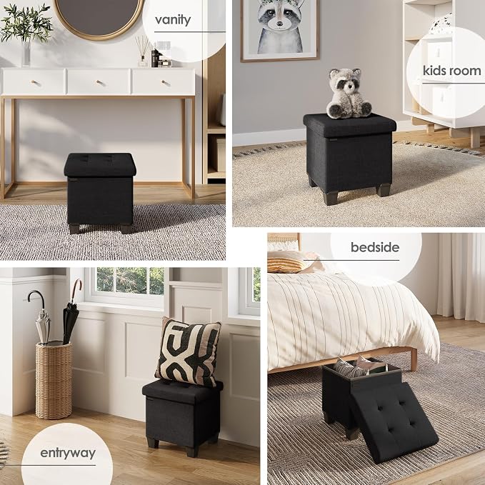 Storage Ottoman Cube with Small Bin, 15-in Square Ottoman with Storage for Living Room and Bedroom, Small Ottomans Foot Rest, Fabric Foot Stools Ottomans Max 330lbs, Black