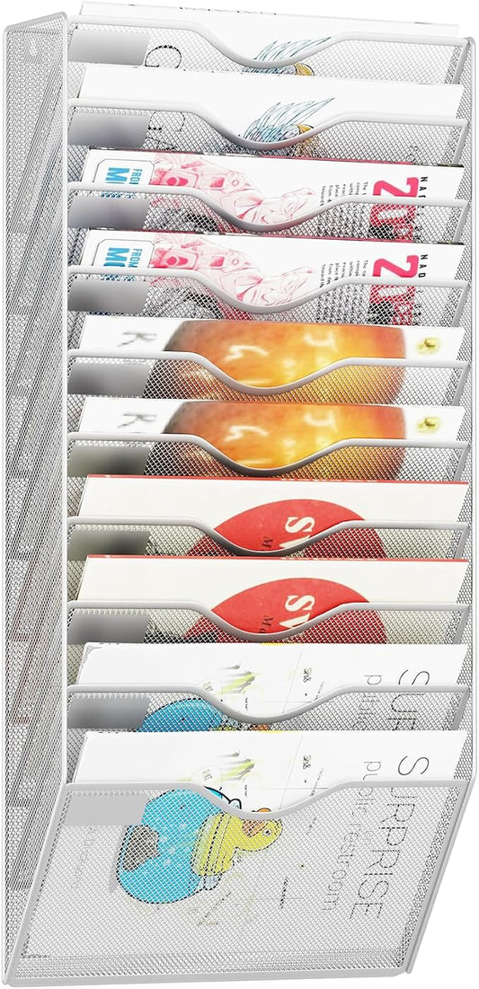 10 Pockets Mesh Hanging Wall File Holder Organizer Wall Mounted Paper Magazine Rack, Silver