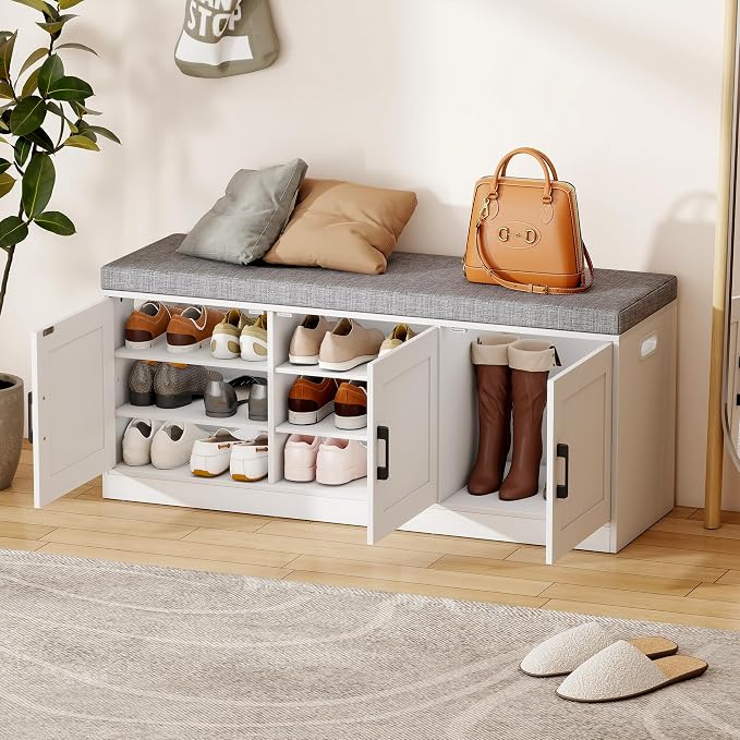 3-Tier Shoe Storage Bench with Adjustable Shelf, Large Capacity Entryway Shoe Bench with Thickened Padded Seat Cushion and 3 Doors for Entry, Bedroom, Hallway (White,42.5 * 14in)