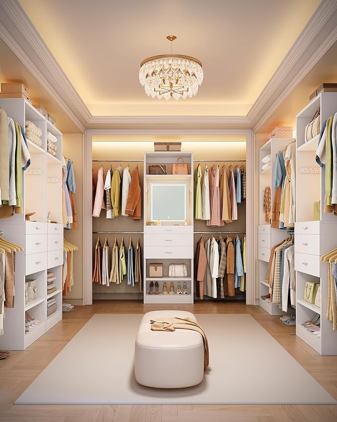 Hzuaneri Closet System Closet Organizer and Storage with 3-Color LED Mirror | 4-9.8FT Walk-in Closet System Wooden Storage Systems with 3 Drawers, LED Mirror, 4 Hang Rods & 2 SHELF, White BW00103EUS
