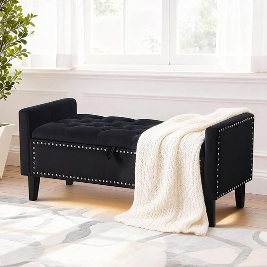 47in Velvet Storage Ottoman Bench with Arms, Upholstered Storage Bench with Wooden Legs, Storage Bench for Bedroom, Living Room, Entryway, Black
