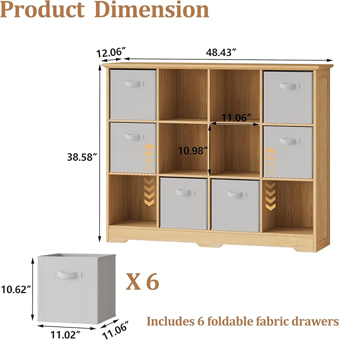 12 Cube Storage Organizer Shelf, Wood Cubby Storage with 6 Fabric Drawers | 3 Tier Wooden Bookshelf with 2 Adjustable Shelves, Fluted Side Panels Bookcase for Records, Books, Ornaments