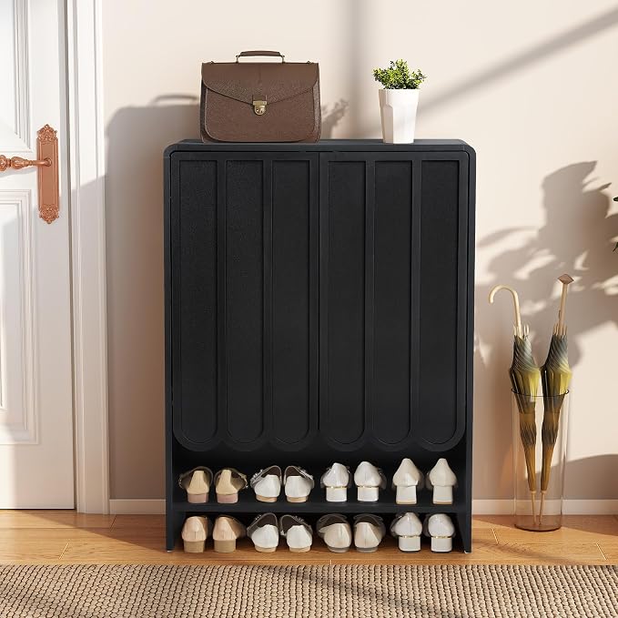 Shoe Storage Cabinet with Scalloped Doors, 5-Tier Wooden Shoe Cabinet with Adjustable Shelves, Shoes Rack Storage Organizer for Entryway, Hallway, Living Room, Black
