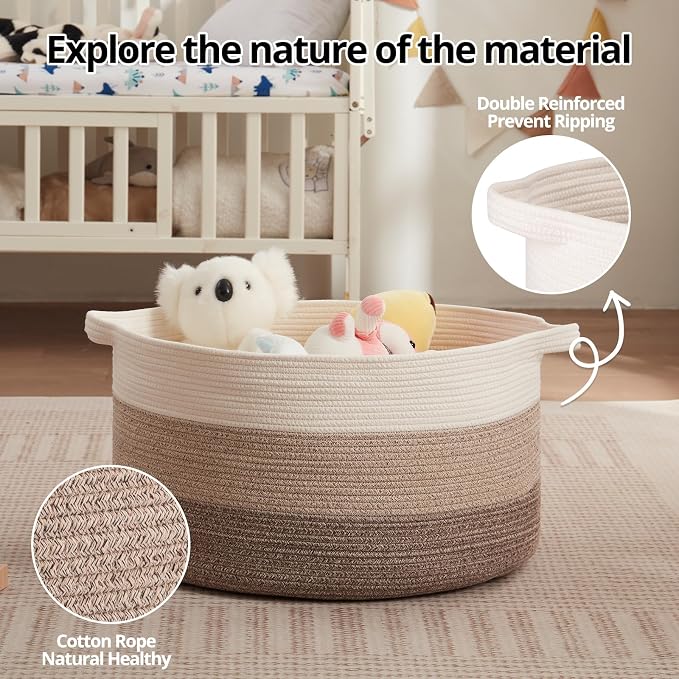 OIAHOMY 105L Extra Large Blanket Basket - Decorative Cotton Rope Storage Basket for Bedroom, Living Room & Nursery - Woven Laundry Hamper for Organizing Blankets, Clothes & Toys - Gradient Brown