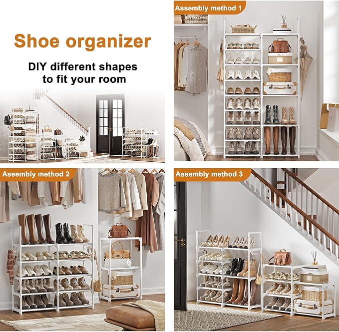 WOWLIVE 9 Tier 2-Column Shoe Rack, 30-35 Pairs Stackable White | Compact 33.75in long fits narrow spaces. Removable layers for boots/heels. Split design for flexible layout.