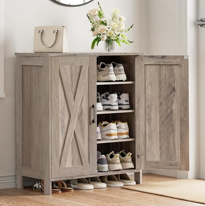 Homleke Farmhouse Shoe Cabinet with 2 Barn Doors & Wood Legs | Tall 4-Tier Shoe Storage Cabinet, 3 Adjustable Shelves, Shoe Rack Organizer, for Entryway, Hallway, Closet, Greige