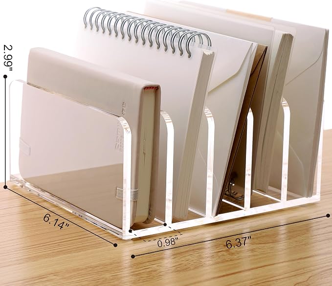 SANRUI 5 Slot Acrylic Mail Sorter Holder, Clear Letter File Desk Organizer | Document Magazine Envelope File Rack, Vertical Letter Sorter & Multifunction Desk Organizer for Bills, Documents, Notebooks