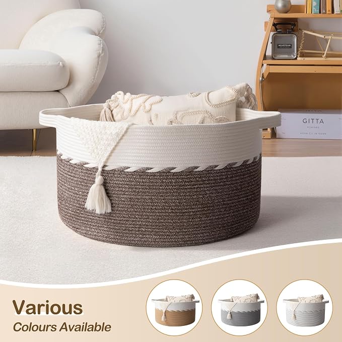 OIAHOMY 90L Extra Large Blanket Basket - Decorative Cotton Rope Storage Basket for Bedroom, Living Room & Nursery - Woven Laundry Hamper for Organizing Blankets, Clothes & Toys - Yellow & White