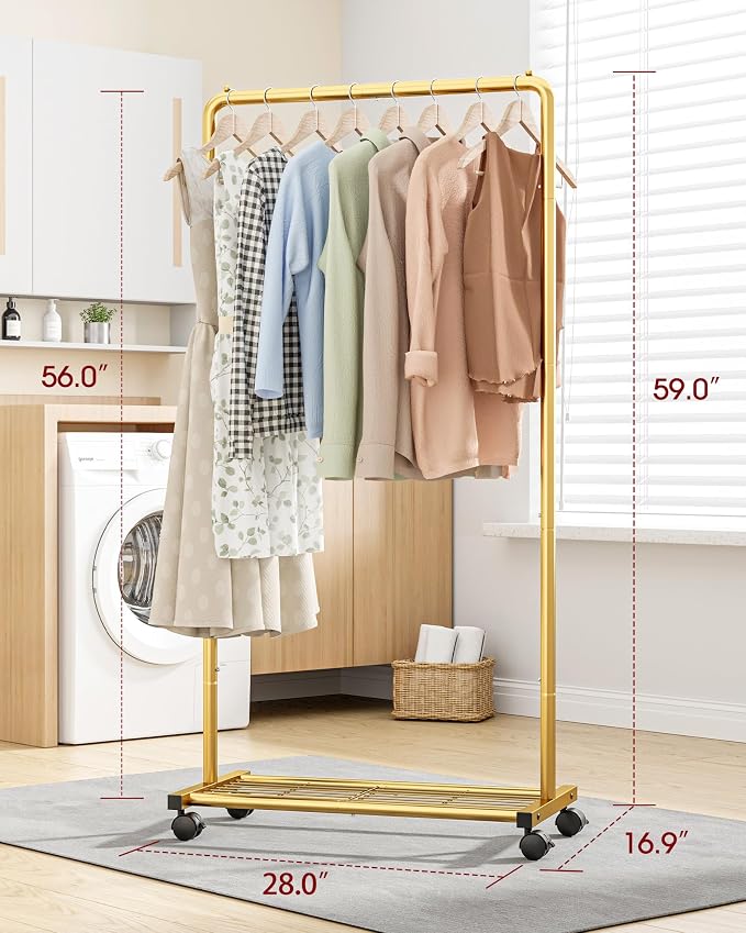Sakugi Clothes Rack - Clothing Rack with Storage Mesh Shelf & Casters, Heavy-Duty Metal Clothing Rack for Hanging Clothes, Dresses, Coats, Large Load Capacity, Easy Assembly, Gold, 28.0"x16.9"x59.0"