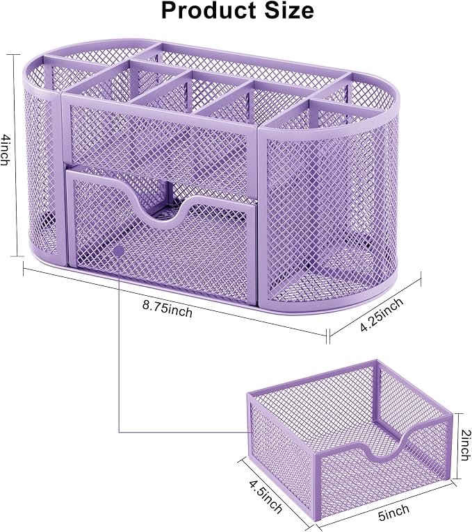 EasyPAG Mesh Pen Holder Desk Organizer with Drawer Stationery Supplies Organizer for Dorm School 9 Compartments Workspace Desk Accessories Organization for Office (Light Purple)