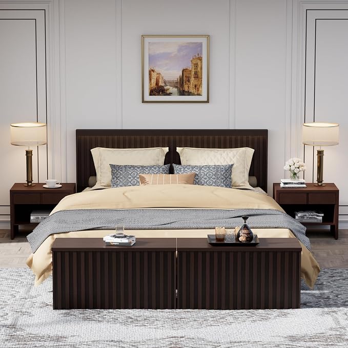 Storage Bench Set of 2, 39.4" Wood Storage Trunk with 2 Safety Hinges, Sturdy Storage Chest, Fluted Wood Leg, Walnut