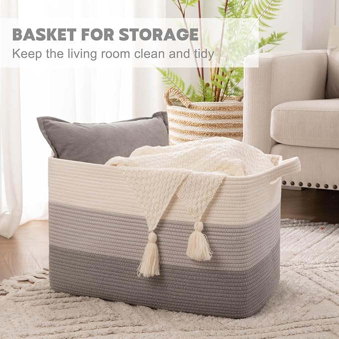 OIAHOMY Large Blanket Basket, 65L Cotton Rope Woven Laundry Basket, Toy Bin for Baby Room, Container for Blanket Storage in Living Room, 20''×16''×12'', Gradient Grey