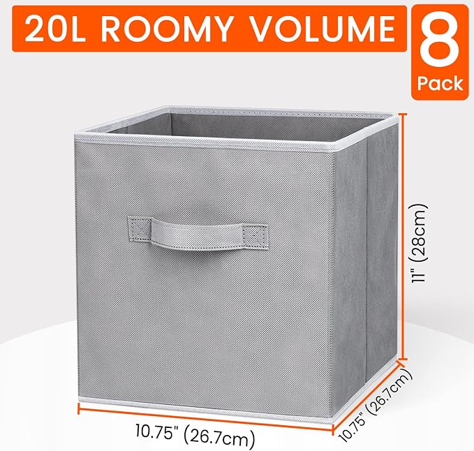 Criusia Storage Cubes - 11 Inch Heavy Duty Fabric Closet Bins for Shelves, Cube Organizer - 8 Pack Collapsible Decorative Storage Bins Baskets for Organizing Clothes Blankets Toys (Grey)