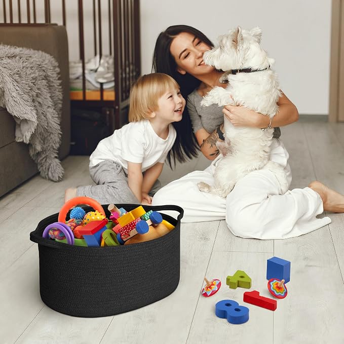 MEGASKET Black Woven Storage Basket, 17"x12"x8" Cotton Rope Baskets for Organizing Dog Toy, Gift, Book, Towel, Cloth, Shoe, Decorative Wicker Storage Bin for Shelves, Closet, Bathroom, Living Room