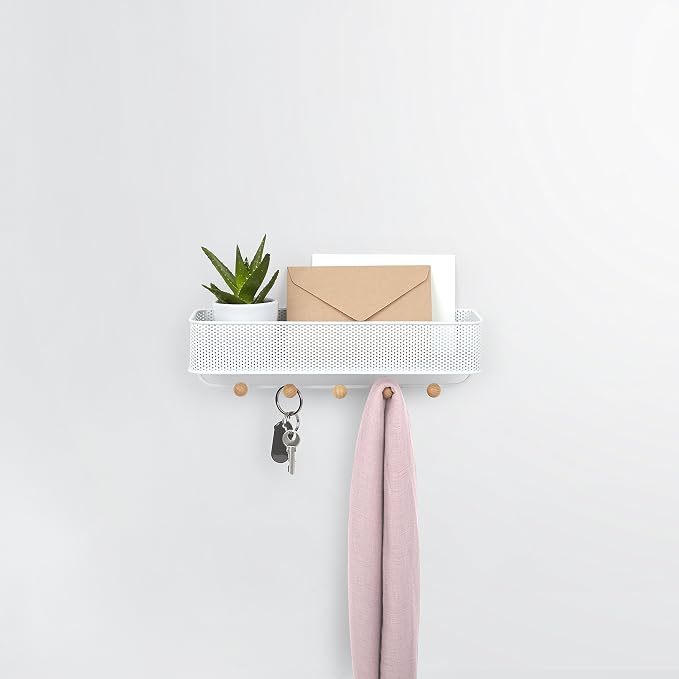 Umbra Estique Entryway Organizer, Wall Mount Key Holder, White/Natural | Steel construction, perforated mail bin, five wooden knob hooks, hidden mounting hardware, holds up to 5 lbs