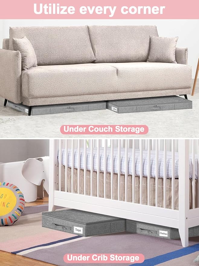 4-In Low Profile Under Bed Storage, Rigid Structure, 2 Pack, Gray | Below 4 Inch Low Space Storage, Rigid Sides & Bottom, Reinforced Handles, Foldable Design, for Couches, Cribs, Dorm Beds