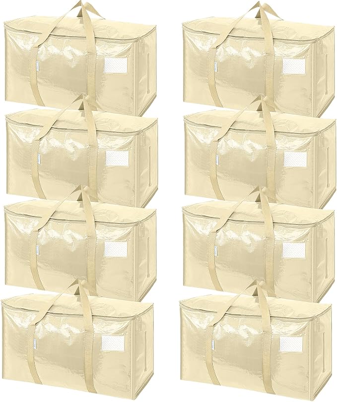 TICONN 8 Pack Extra Large Moving Bags Heavy Duty with Zippers & Carrying Handles, Durable Storage Bags Moving Boxes for Closet Organizers and Storage (8 Pack, Cream)