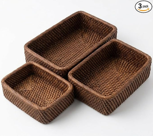 Yangqihome Natural Rattan Storage Baskets, Rectangular Woven Fruit Baskets, Decorative Wicker Basket and Small Baskets for Organizing,Set of 3, (Brown)