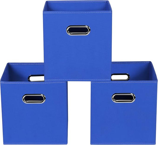 Dark Blue Fabric Storage Bins, Set of 3, 11x11x11, Foldable Cube Bins for Cloth or Accessory Storage
