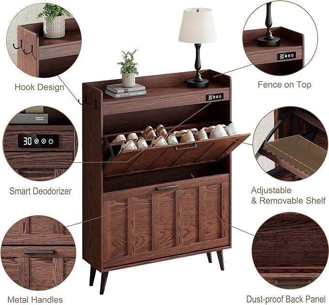 ChooChoo Shoe Storage Cabinet with 2 Flip Drawers and Deodorizer | Shoe Organizer Storage for Entryway, Freestanding Hidden Slim Narrow Shoe Rack Cabinet, Walnut