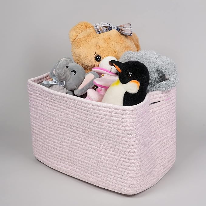XUANGUO Woven Cotton Rope Storage Baskets 15x10x9.3" 3 Pack Light Pink | Decorative rectangular storage baskets for shelves and closets; storage bins organize clothes, toys, books and nursery items.