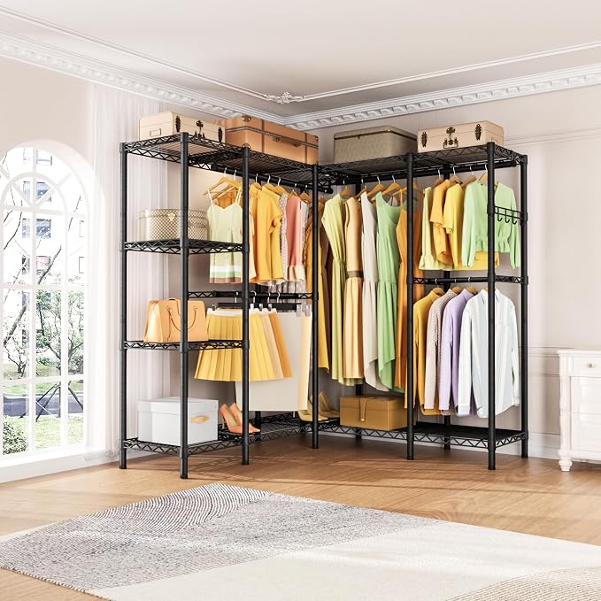 Golpart Heavy Duty Clothes Rack Metal Wardrobe with Adjustable Wire Shelves | Closet Organizers and Storage Clothing Rack Metal System Freestanding Hanging Clothes System Free Standing Garment Coat Racks
