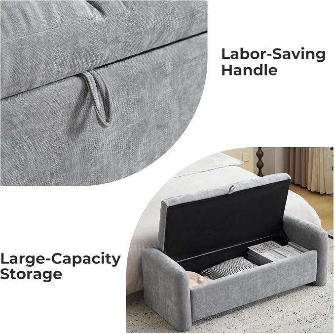 Oversized Chenille Ottoman Bench with Storage, Upholstered End of Bed Bench for Bedroom, Ottoman Foot Rest for Living Room, Light Grey