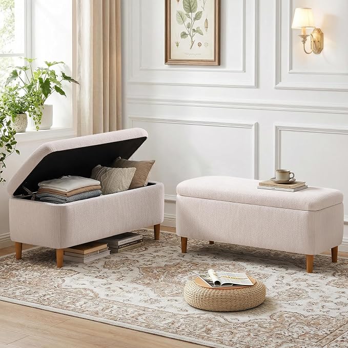 39.4”Ottoman with Storage Set of 2,Upholstered Comfy Storage Bench Ottoman with Wooden Legs,End of Bed Bench Footstool for Hallway Entryway Bedroom Living Room Corner Beige