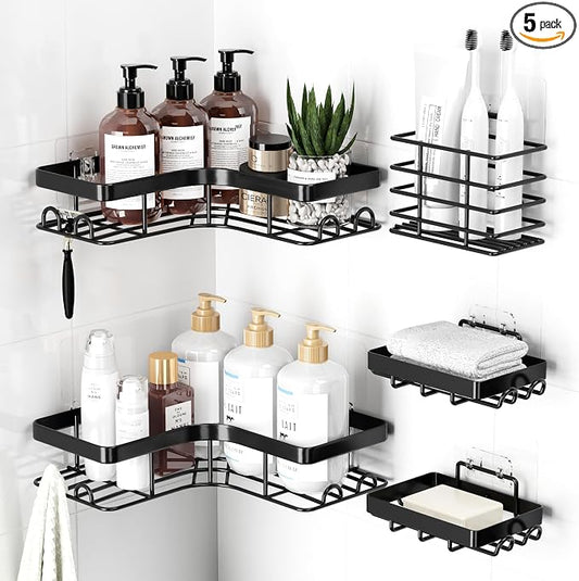 Sakugi Corner Shower Caddy - 5-Pack Shower Organizer with Soap Holder & Toothbrush Holder, Rustproof Metal Shower Shelves, Laundry, Kitchen, Bathroom Organizers and Storage Solution, Large, Black