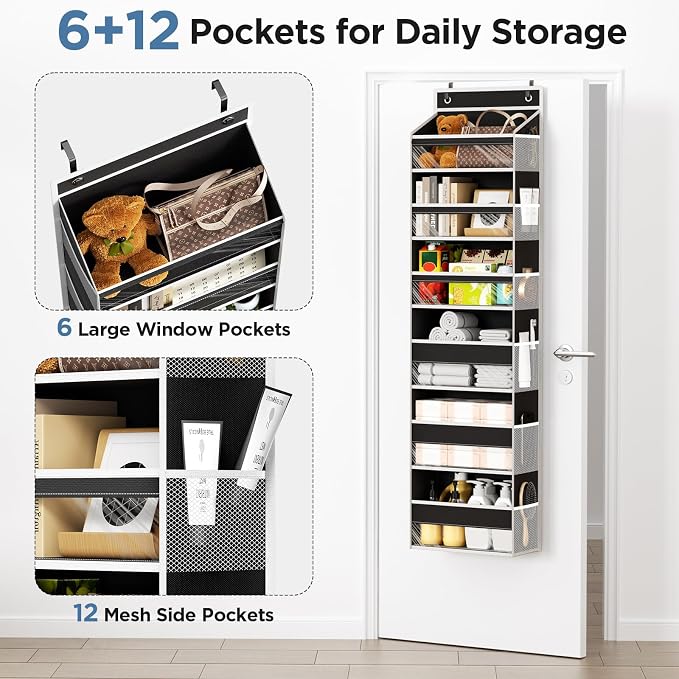 Over The Door Organizer 6 Tiers, Behind The Door Storage Hanging Shelves | Heavy Duty Hanging Organizer Storage with Large Capacity Pockets for Closet Wall Bathroom Bedroom Nursery Pantry, 1 Black
