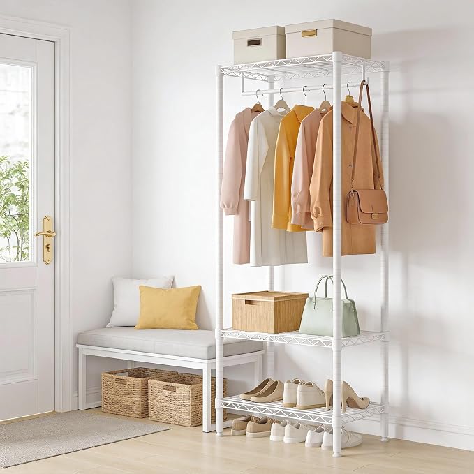 Clothes Rack, Heavy Duty Clothing Racks with Adjustable Shelves, Freestanding Metal Closet for Hanging Clothes, Portable Garment Rack for Bedroom Laundry Room Dorm, 23.6"W x 15.7"D x 70.8"H, White