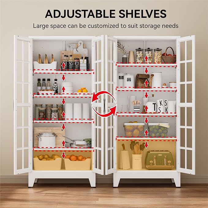 COFaR 71" White Glass Door Display Cabinet for Kitchen and Dining Room | 5-tier pantry and display cabinet with glass doors and 4 adjustable shelves for kitchen, dining room, living room or office.