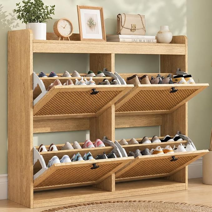 Garvee Shoe Storage Cabinet with 4 Flip Drawers, Wood Shoe Cabinet with Rattan Doors and Adjustable Shelves- Freestanding Shoe Organizer for Entryway, Hallway