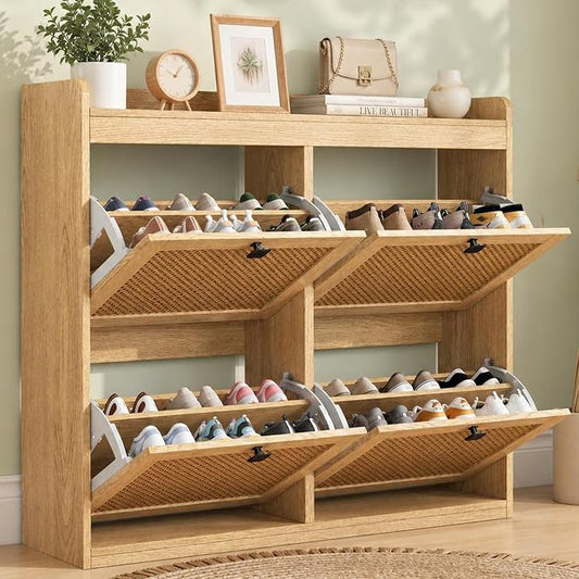 Garvee Shoe Storage Cabinet with 4 Flip Drawers, Wood Shoe Cabinet with Rattan Doors and Adjustable Shelves- Freestanding Shoe Organizer for Entryway, Hallway