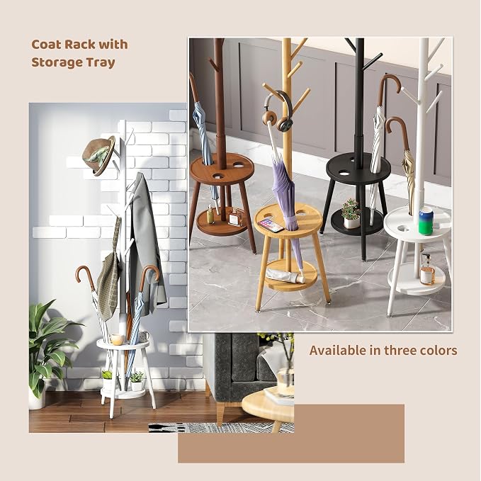 Freestanding Coat Rack with Umbrella Organizer Tray Bamboo Coat Tree Rack with 8 Hook Stand for Clothes Bag Hats Entryway Hanger Stand (Umbrella Tray, White)
