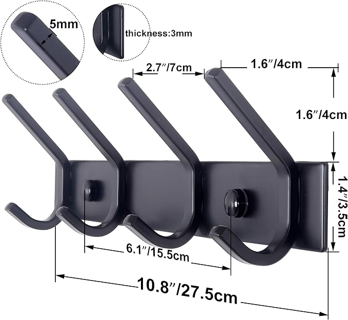 WEBI Coat Rack Wall Mounted,4 Coat Hooks for Hanging Coats,Heavy Duty Metal Hook Rack Hook Rail Coat Hanger Wall Mount for Clothes Entryway Jacket,C-CBG04,Black