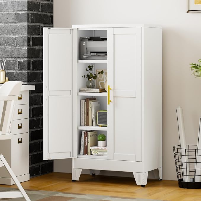 47" White Metal Storage Cabinet with 2 Doors and 3 Adjustable Shelves,Steel Garage Tool Cabinet, File Cabinet,Kitchen Pantry Cabinet for Home,Office,Garage,School,Warehouse